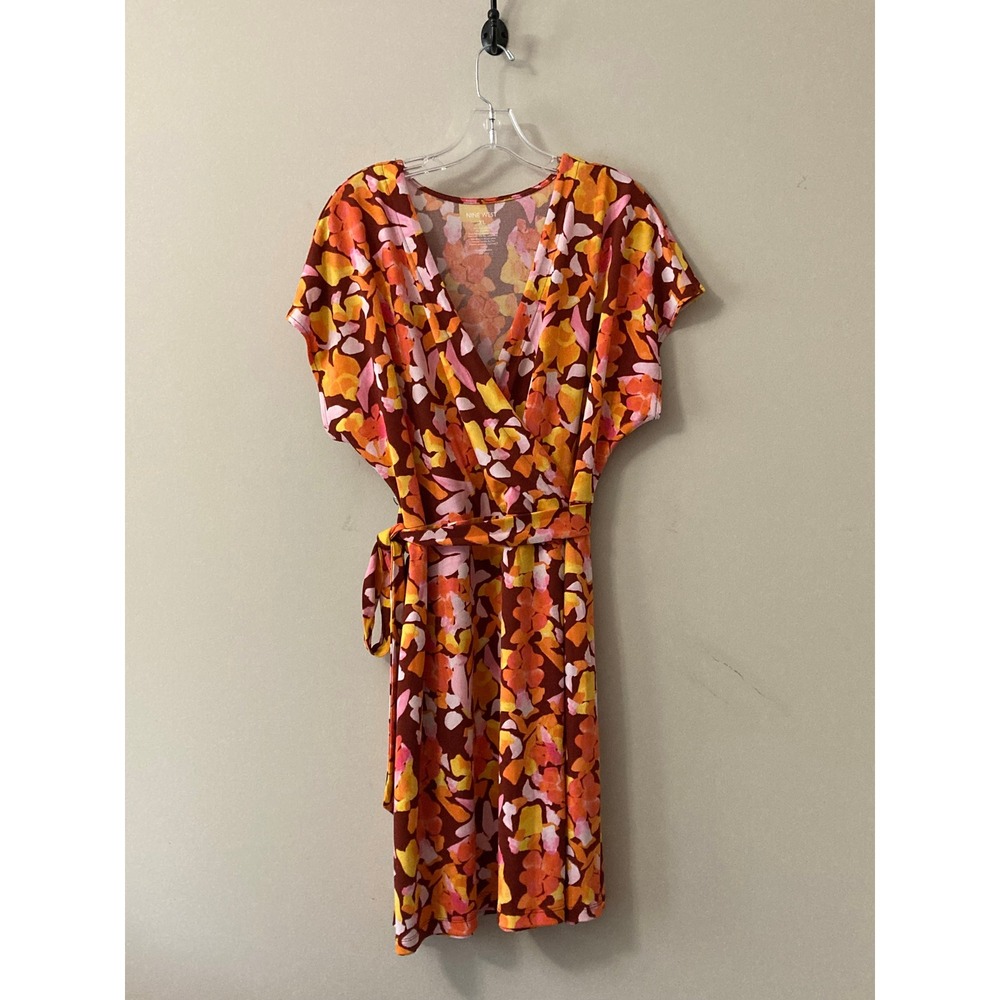 Nine West Womens XL Faux Wrap Dress Abstract Floral Orange Pink Burgundy Knit